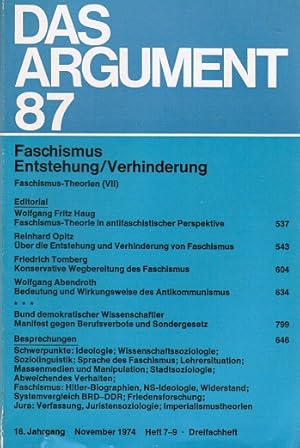 Immagine del venditore per Das Argument. Zeitschrift fr Philosophie und Sozialwissenschaften. Nr. 87. Dreifachheft (16. Jahrgang. November 1974. Faschismus. Entstehung/Verhinderung. Faschismus-Theorien VII). venduto da Schrmann und Kiewning GbR