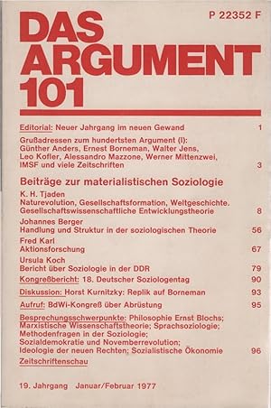 Bild des Verkufers fr Das Argument Nr. 101 ; 19. Jahrgang, Januar/Februar 1977, Beitrge zur materialistischen Soziologie. zum Verkauf von Schrmann und Kiewning GbR