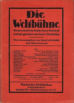 Imagen del vendedor de Die Weltbhne. Wochenschrift fr Politik / Kunst / Wirtschaft. Heft 5 / 6, 1948 a la venta por Schrmann und Kiewning GbR