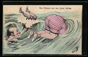 Bild des Verkufers fr Knstler-Ansichtskarte Willi Scheuermann: Des Meeres und der Liebe Wellen - Alter Mann sieht Hinterteil einer Dame im Wasser zum Verkauf von Bartko-Reher