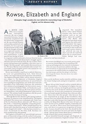 Image du vendeur pour Rowse, Elizabeth I and England: The Man behind the Mesmerising Image of Elizabethan England. An original article from History Today, 2003. mis en vente par Cosmo Books