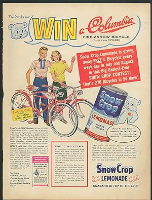 Seller image for Win a Columbia Fire-Arrow Bicycle Snow Crop Lemonade ad 1957 for sale by The Jumping Frog