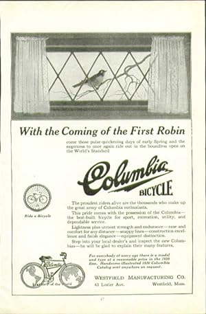 Seller image for With the coming of the First Robin Columbia Bicycle ad 1920 for sale by The Jumping Frog