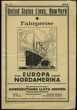 Seller image for United States Lines Sailings Schedule & Fares Europe-N America in German 1923 for sale by The Jumping Frog