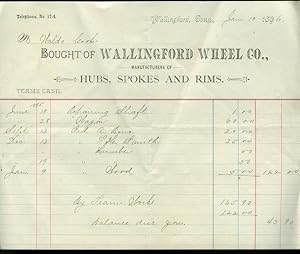 Seller image for Wallingford Wheel Hubs Spokes & Rims invoice re: wagon repairs CT 1896 for sale by The Jumping Frog