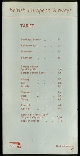 Seller image for British European Airways Beverage Menu Tariff Card 1950s for sale by The Jumping Frog