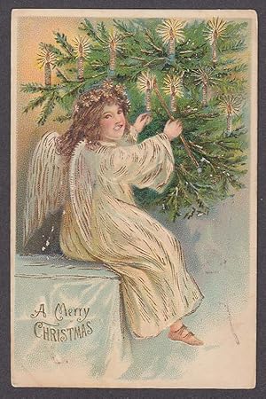 Immagine del venditore per Merry Christmas angel lighting candles on tree embossed postcard 1909 venduto da The Jumping Frog