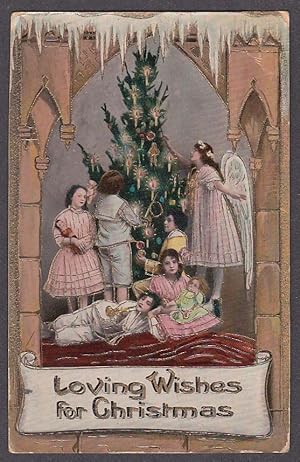 Immagine del venditore per Girl in angel wings lights candles on Christmas Tree embossed postcard 1910s venduto da The Jumping Frog