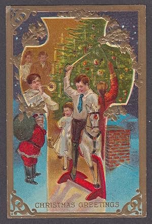Immagine del venditore per Christmas Greetings embossed tree candles rocking horse sword horn postcard 1910 venduto da The Jumping Frog