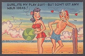 Seller image for Sailor & Bathing Beauty red play suit comic postcard 1940s for sale by The Jumping Frog