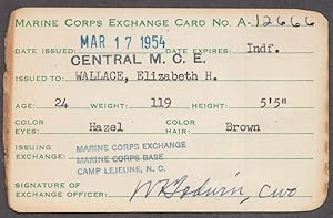 Imagen del vendedor de Marine Corps Exchange Camp Lejeune wife's ID Card 1954 a la venta por The Jumping Frog