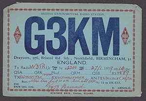 Seller image for G3KM Bernard Arnold Birmingham England QSL Ham Radio postcard 1939 for sale by The Jumping Frog