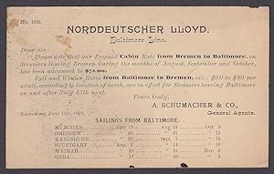 Seller image for Norddeutscher Lloyd Baltimore Line Sailings Schedule postcard 1892 for sale by The Jumping Frog