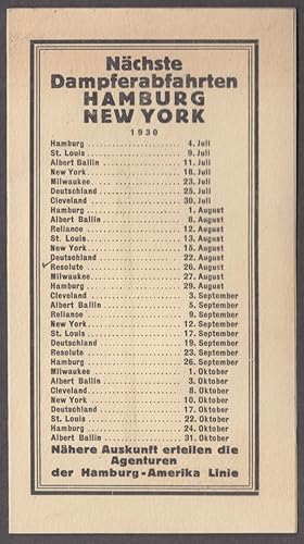 Seller image for Hamburg-Amerika Line Sailing Schedule from New York-Hamburg 1930 for sale by The Jumping Frog