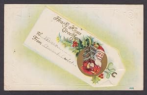 Imagen del vendedor de Hearty Christmas Greetings embossed gift tag motif postcard Santa Claus 1908 a la venta por The Jumping Frog