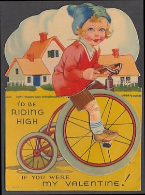 Seller image for I'd be riding high if you were my Valentine mechanical card tricycle girl 1930s for sale by The Jumping Frog