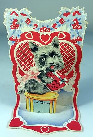 Imagen del vendedor de I'm sweet on you stand-up Valentine schnauzer with heart-shaped box 1950s a la venta por The Jumping Frog