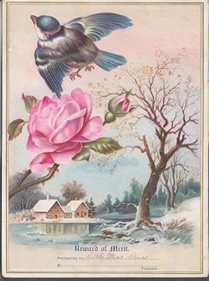 Seller image for Reward of Merit for Little Miss Price ca 1880s bluebird pink rose winter scene for sale by The Jumping Frog