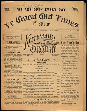 Bild des Verkufers fr Kittemaug & The Old Mill Restaurant newsprint menu Southington CT 11 1946 zum Verkauf von The Jumping Frog