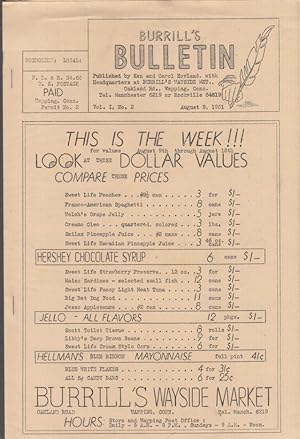 Bild des Verkufers fr Burrill's Wayside Market newsprint circular Wapping CT 8/9 1951 zum Verkauf von The Jumping Frog