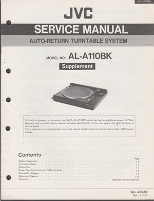 Seller image for JVC AL-A110BK Auto-Return Turntable Supplement Service Manual 1988 for sale by The Jumping Frog