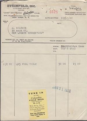 Seller image for Steinfeld Inc NYC invoice Columbia Bicycles: pool table 1928 w/ Cycle Hour WJZ for sale by The Jumping Frog