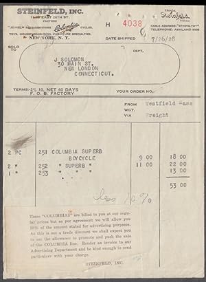 Seller image for Steinfeld Inc invoice NYC Columbia Bicycles w/ 10% advertising offer 1928 for sale by The Jumping Frog