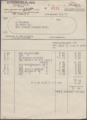 Seller image for Steinfeld Inc NYC invoice Columbia bicycle velocipede Spirit of St Louis &c 1928 for sale by The Jumping Frog
