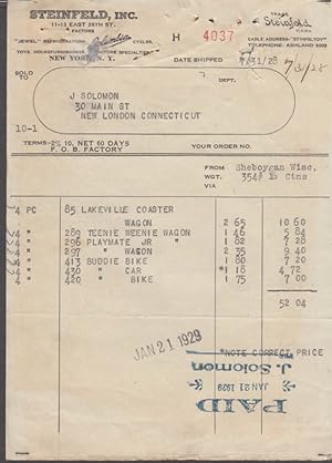 Seller image for Steinfeld Inc NYC invoice Columbia Bicycles: coaster wagons &c 7/31 1928 for sale by The Jumping Frog