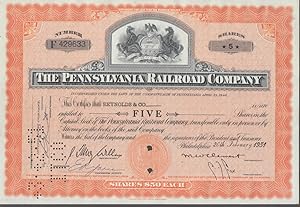 Seller image for Pennsylvania Railroad stock certificate five shares 1951 for sale by The Jumping Frog