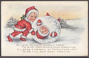 Imagen del vendedor de Kid rolls another in a snowball Christmas Greeting postcard ca 1910 a la venta por The Jumping Frog