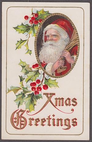 Imagen del vendedor de Santa Claus Christmas postcard c 1910 red cap oval gilt frame w/ holly motifs a la venta por The Jumping Frog