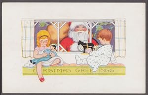 Seller image for Santa Claus Christmas postcard c 1920 eyes kids on window bench through window for sale by The Jumping Frog
