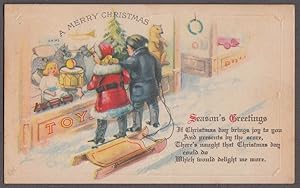 Seller image for Christmas postcard 1909 kids eye toys & trains in toy store window for sale by The Jumping Frog