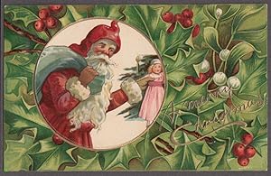 Imagen del vendedor de Santa Claus Christmas postcard 1907 puts doll on tree amid holly-motif surround a la venta por The Jumping Frog