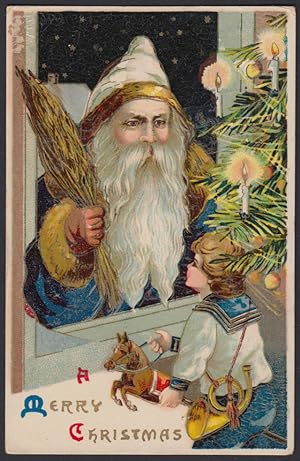 Seller image for Santa Claus Christmas postcard 1913blue coat white cap at kid's window & tree for sale by The Jumping Frog