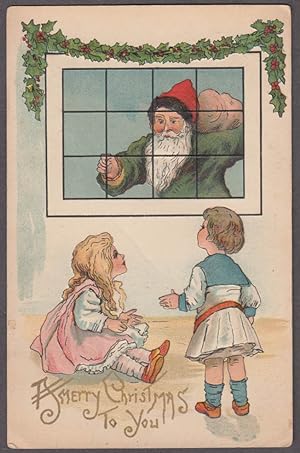 Seller image for Santa Claus Christmas postcard kids spy him at window; green coat red cap c 1910 for sale by The Jumping Frog