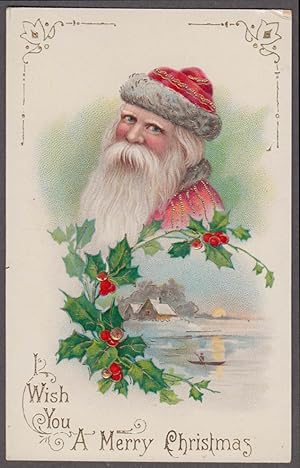 Imagen del vendedor de Santa Claus Christmas postcard ca 1910 red cap & coat; boat in lake motif a la venta por The Jumping Frog