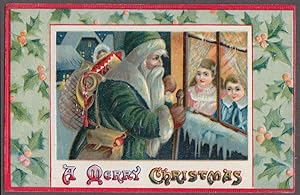 Seller image for Santa Claus Christmas postcard 1909 green coat & cap sees kids thru window for sale by The Jumping Frog