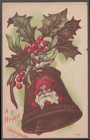 Bild des Verkufers fr Santa Claus Happy Christmas postcard ca 1910 Face in bell with holly branch zum Verkauf von The Jumping Frog