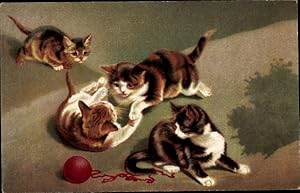 Ansichtskarte / Postkarte Vier spielende Katzenbabys, rotes Wollknäuel