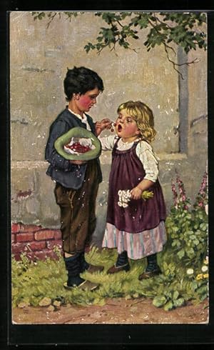 Künstler-Ansichtskarte Degi Nr. 1174: Tantalusqualen - Junge gibt Mädchen Kirschen, die er in sei...