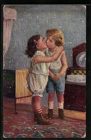 Künstler-Ansichtskarte Degi Nr. 1041: The first kiss - Kleines Mädchen küsst kleinen Jungen