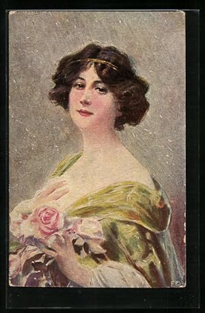 Künstler-Ansichtskarte Degi Nr. 920: Do you love me? - Junge Frau mit Haarreif und Rosenblüte