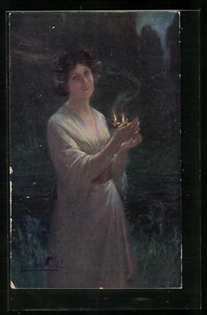 Künstler-Ansichtskarte Degi Nr. 549: Die Vestalin - Junge Frau mit Öllicht in der Nacht