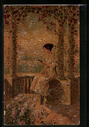 Künstler-Ansichtskarte Degi Nr. 1080: Das neue Buch - Junge Frau lesend in einem Pavillon