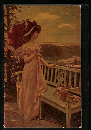 Künstler-Ansichtskarte Degi Nr. 708: Sehnsucht - Junge Frau mit Schirm an einer Holzbank vor Land...