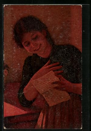 Künstler-Ansichtskarte Degi Nr. 419: Ein Liebesbrief - Lächelnde junge Frau liest einen Brief
