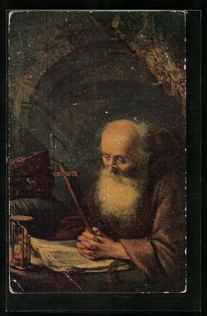 Künstler-Ansichtskarte Degi Nr. 815: Der Einsiedler - Alter Mann mit Holzkreuz in der Hand