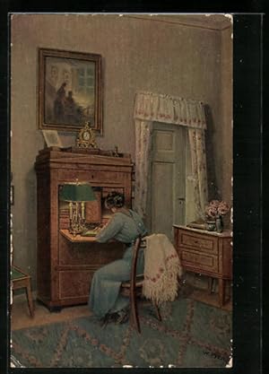 Künstler-Ansichtskarte Degi Nr. 566: Der Brief - Junge Frau an einem Sekretär